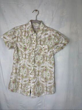 Ariat White Short Sleeve Paisley Button-Down Shirt with Green and Pink Accents